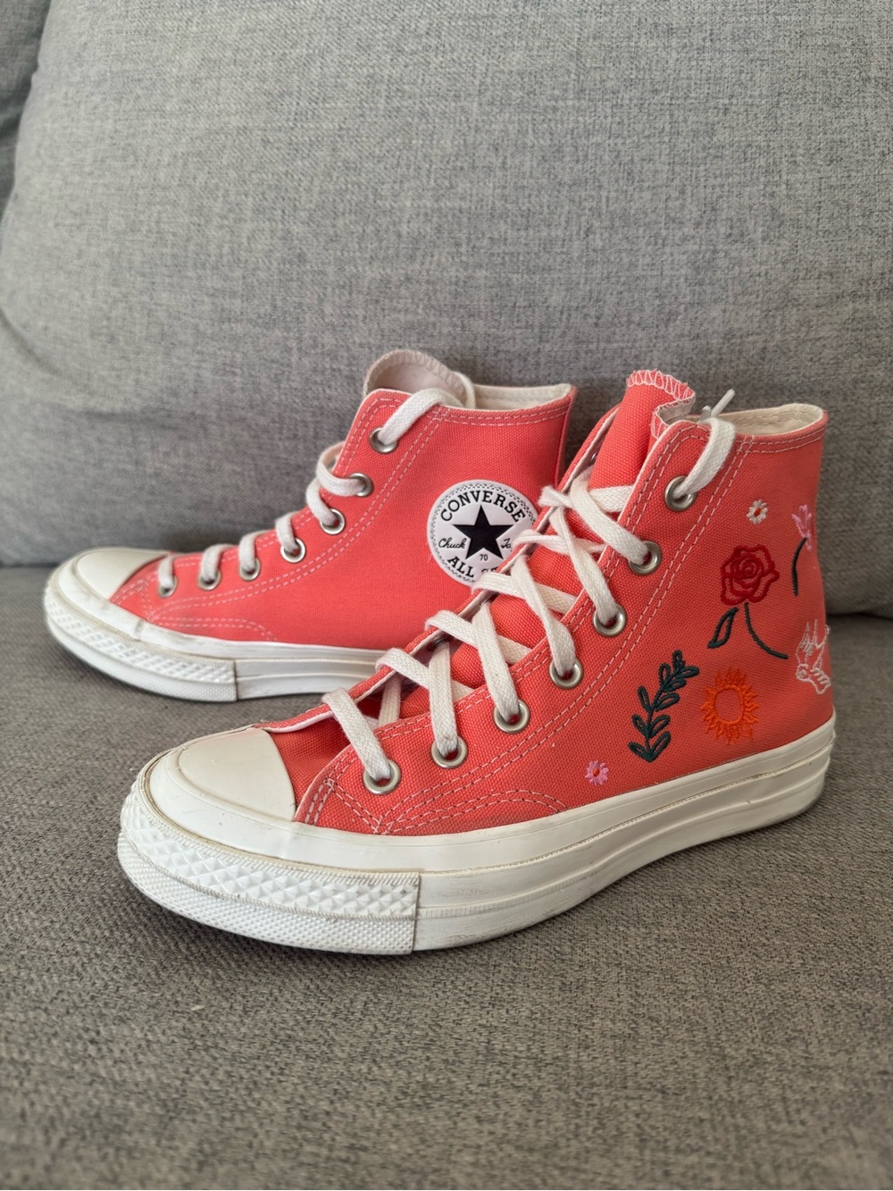 Converse High Top Sneakers in Coral with Floral Embroidery